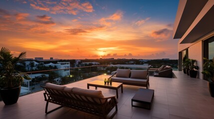 Fototapeta premium Depict the rooftop of a modern villa as the perfect vantage point for witnessing breathtaking sunsets that paint the sky in vibrant hues