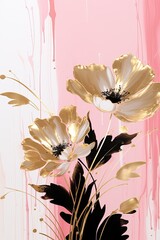 abstract floral background, golden flowers on pink background, modern illustration
