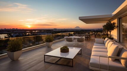 Fototapeta premium Depict the rooftop of a modern villa as the perfect vantage point for witnessing breathtaking sunsets that paint the sky in vibrant hues