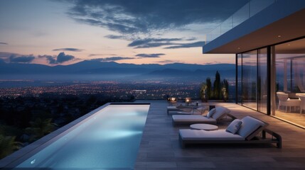 Fototapeta premium Depict the rooftop of a modern villa as the perfect vantage point for witnessing breathtaking sunsets that paint the sky in vibrant hues
