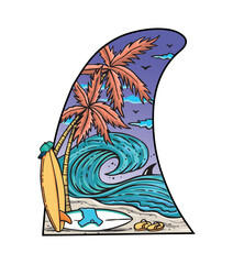 Handmade vector illustration of keel with landscape inside. Art in a laid-back style.
