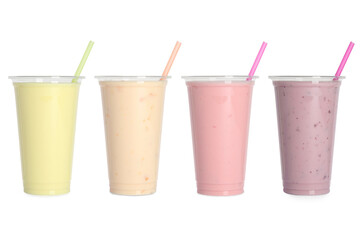Plastic cups with tasty smoothies isolated on white, set