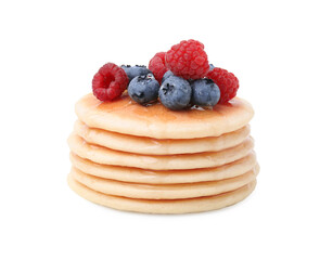 Delicious pancakes with berries and honey isolated on white