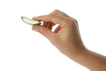 Woman holding aloe vera slice on white background, closeup