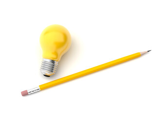 3d illustration of yellow pencil and yellow bulb on white background.