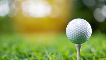 Close-up golf ball on tee with blur green bokeh background - obrazy, fototapety, plakaty