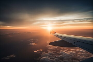 View of sunset from airplane wing while flying and traveling. Generative AI