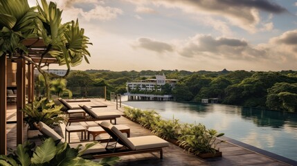 Envision the villa's rooftop view of a tranquil lake, its waters reflecting the sky, surrounded by lush greenery and the peaceful ambiance