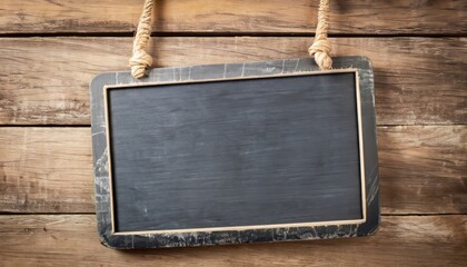 Blank chalkboard sign hanging from old wooden background - obrazy, fototapety, plakaty