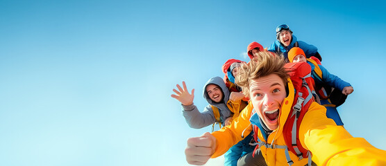 Young overjoyed friends group taking selfie pic in winter sports outfit isolated on a blue sky background - Happy college students having fun together on the mountain - Friendship concept - obrazy, fototapety, plakaty