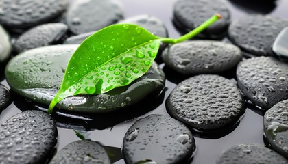 Obraz na płótnie Canvas Beautiful spa background of green leaf on zen basalt stones with water drops