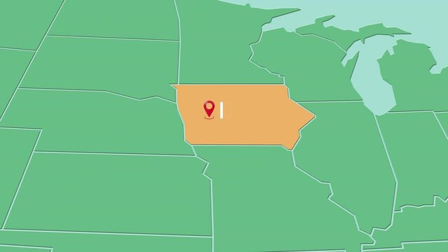 Mapa de los Estados Unidos de Am&eacute;rica con divisi&oacute;n pol&iacute;tica resaltando el estado de Iowa