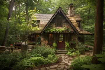 Fototapeta na wymiar Enchanting cabin surrounded by lush woods, reminiscent of a magical storybook. Generative AI
