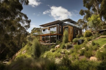Fototapeta na wymiar Contemporary eco home with solar panels amidst natural surroundings. Generative AI