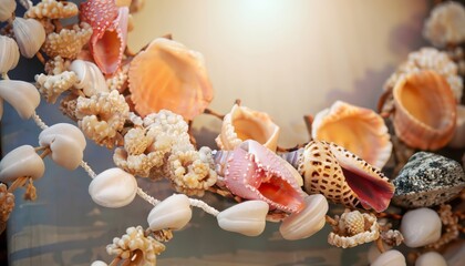 A beautiful garland of coral and shells. Scorching sun, heat.