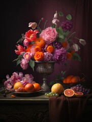 Obraz na płótnie Canvas Adorable still life scene with vase and flowers, fruits. Orange, pink, purple flowers. Floral surrealism.
