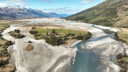 Aerial drone photography of the braided Dart river near Glenorchy in Mount Aspiring national park