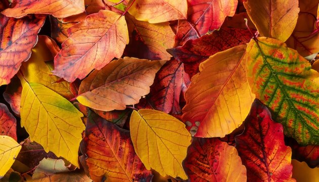 Red and orange autumn leaves background. Colorful background image of fallen autumn leaves perfect for seasonal use