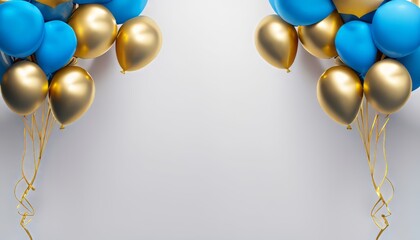 Gold and blue balloons on a white background, minimal design, copy space
