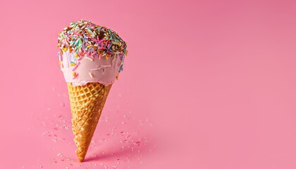 Creative concept of a wafer cone with ice cream covered and strewed sprinkles on a pink background, copy space