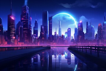 Fototapeta na wymiar A futuristic nocturnal cityscape with vibrant neon lights and innovative buildings. Generative AI