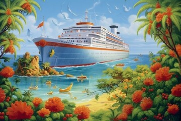 Joyful vacation idea. Imaginative ocean liner, secluded landmass and exotic border. Generative AI - obrazy, fototapety, plakaty