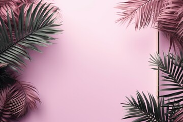 Fototapeta na wymiar Pink palm plant border with botanical frame on contemporary background. Copy-space available. Generative AI