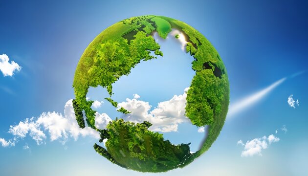 Eco-friendly world as a circle on a blue sky