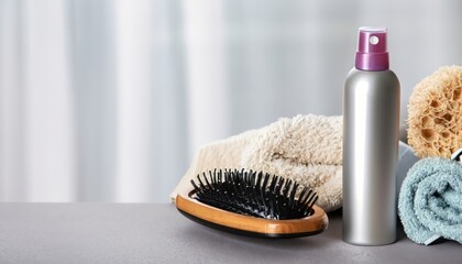Dry shampoo spray, towels, hair brush on a light grey surface, blurry background - obrazy, fototapety, plakaty