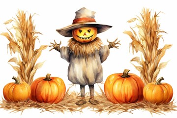 Watercolor scarecrow, pumpkins, and haystack on white background. Autumn products, wrapping, holidays. Generative AI
