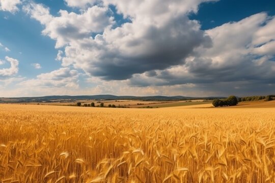 Beautiful panoramic view of a golden wheat field under a blue sky with fluffy clouds. Generative AI