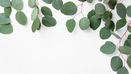 Top view green eucalyptus leaves on isolated white background with copy space - obrazy, fototapety, plakaty