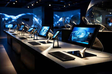 The beauty of contemporary technology and gadgets is exemplified in an elegant configuration of cutting-edge digital devices, seamlessly intertwined, generative AI