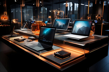 The beauty of contemporary technology and gadgets is exemplified in an elegant configuration of cutting-edge digital devices, seamlessly intertwined, generative AI