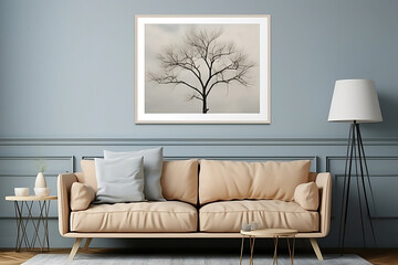 In the interior of a contemporary minimalist room, frame mockup placed elegantly on the wall, generrative AI