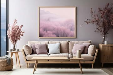 In the interior of a contemporary minimalist room, frame mockup placed elegantly on the wall, generrative AI