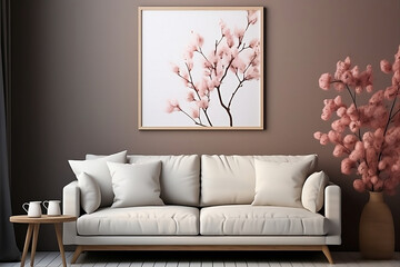 In the interior of a contemporary minimalist room, frame mockup placed elegantly on the wall, generrative AI