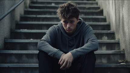 Obraz premium Sad teenage boy sitting on the stairs.