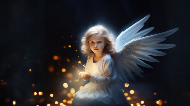 Girl angel with big white wings in white clothes