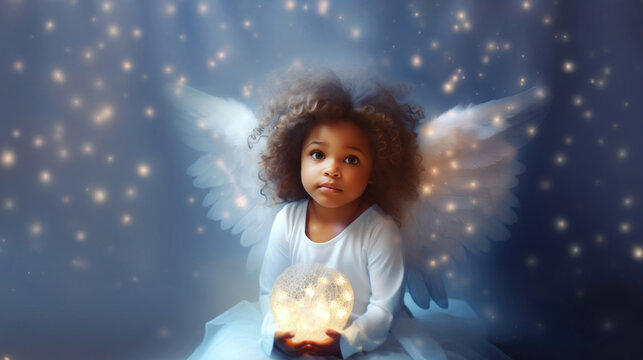 Girl angel with big white wings in white clothes on blue glowing background