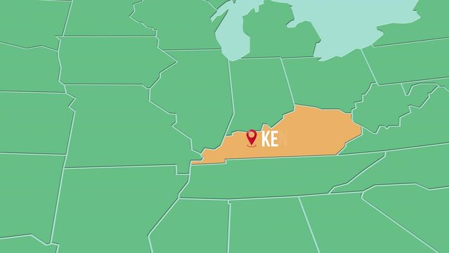 Mapa de los Estados Unidos de Am&eacute;rica con divisi&oacute;n pol&iacute;tica resaltando el estado de Kentucky