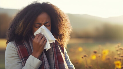 A dark-skinned young woman suffering from allergies or the flu blows her nose or sneezes into a handkerchief. - Powered by Adobe