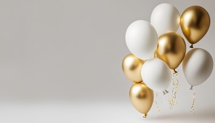 Fototapeta na wymiar Gold and white balloons on white background, minimal design, copy space