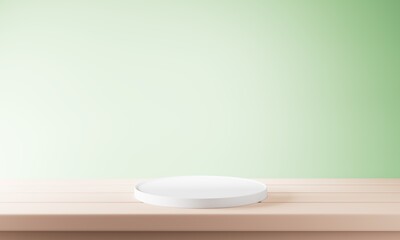 Wooden table in a dimly lit room with blurred white wall and plants background. 3d illustration.