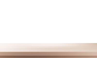 Wooden table in a dimly lit room with blurred white wall and plants background. 3d illustration.