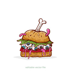 Horror burger with zombie style. Zombie burger scary illustration vetor. Horror illustration food, horror food vector