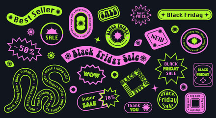 Black friday sale groovy  stickers set  in pink and green acid colors
