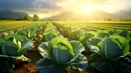 Full bloom Cabbage organic farm in the morning with sun rise. Created using generative AI. - obrazy, fototapety, plakaty