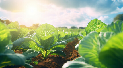 Ripe Cabbage in the plantation with the sun rays in harvesting time. Created using generative AI.