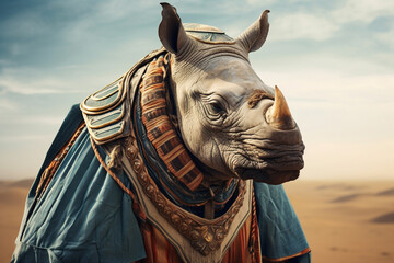A beautiful Rhinoceros wearing ancient Egyptian period apparel - obrazy, fototapety, plakaty